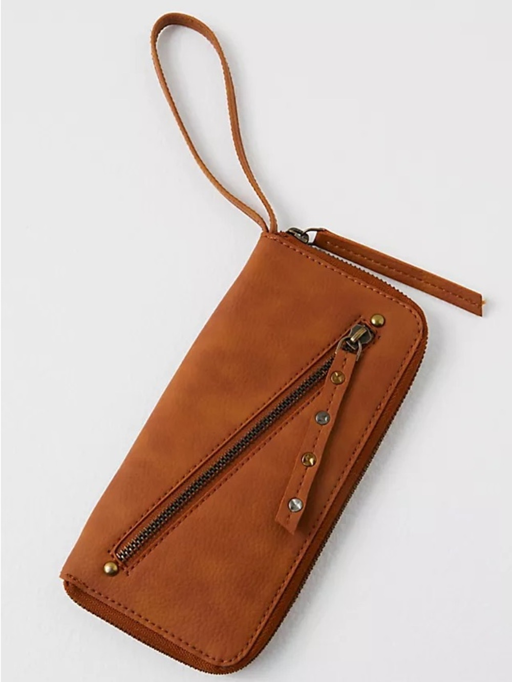 Free People / Cognac Brown Distressed Vegan Wallet Wristlet Clutch
